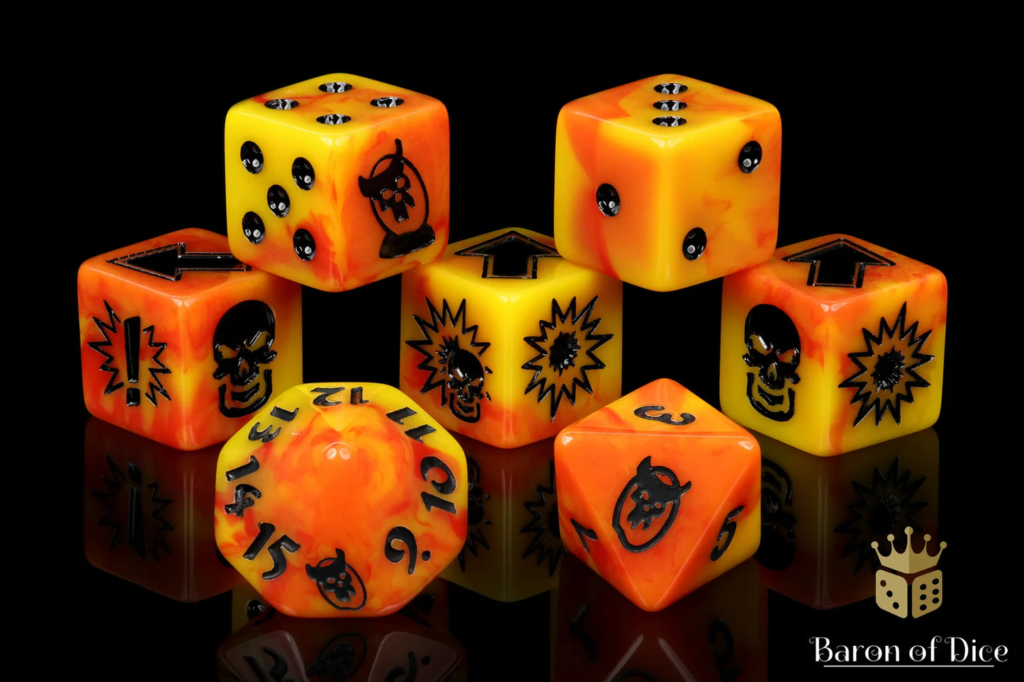 Baron of Dice Orange Fire – Ork Football – 7-teiliges Würfelset für Bloody Football