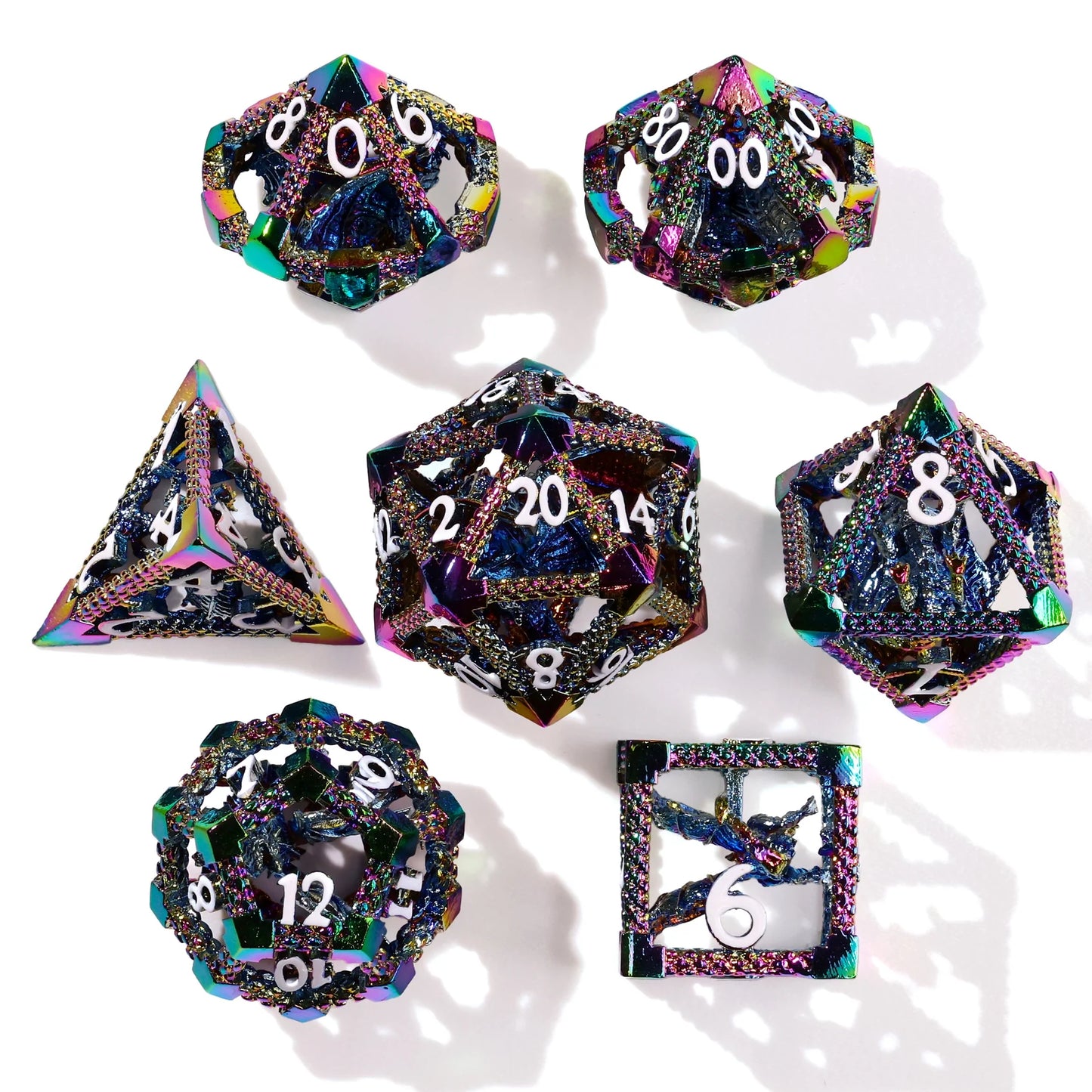 Baron of Dice Miniature Rainbow Dragon – 7-teiliges RPG-Würfelset Metal