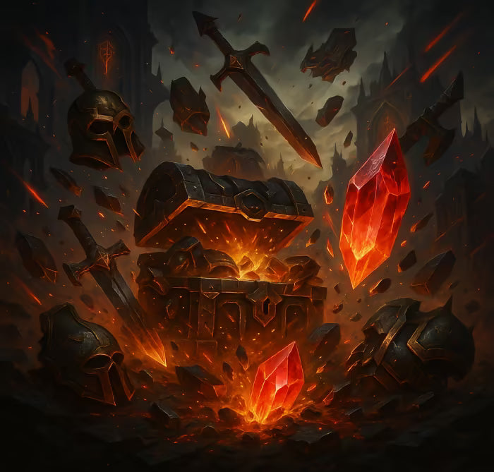 Epische Warhammer-inspirierte Szene mit Schatztruhe, funkelnden roten Kristallen, Schwertern und Rüstungen in dramatischer Atmosphäre – Symbol für Angebote, Rabatte und Sale im Onlineshop.
