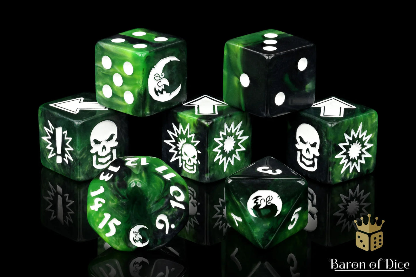 Baron of Dice Warp Green – Goblin Moon – 7-teiliges Würfelset für Bloody Football
