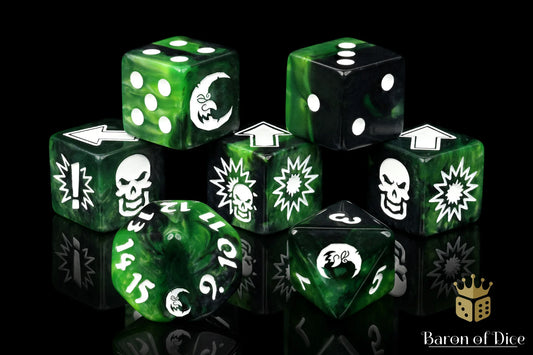 Baron of Dice Warp Green – Goblin Moon – 7-teiliges Würfelset für Bloody Football