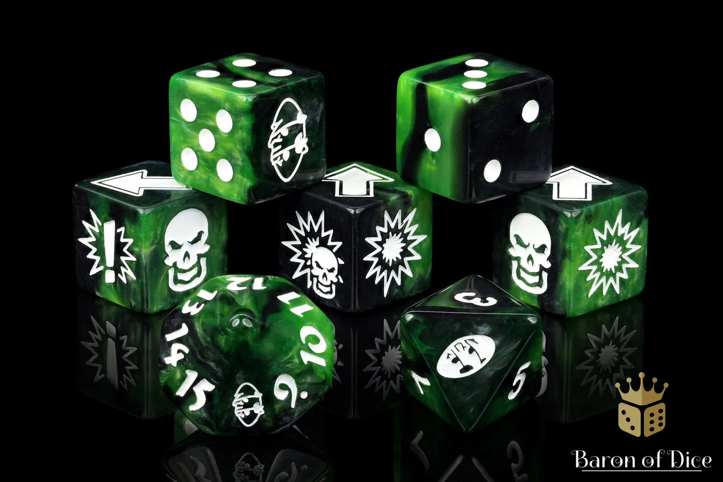 Baron of Dice Warp Green – Wood Elves – 7-teiliges Würfelset für Bloody Football