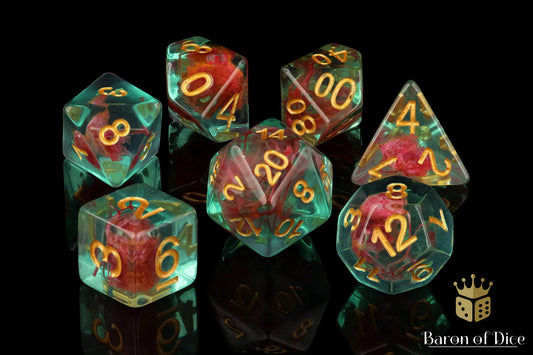 Baron of Dice Teal with Red Flowers – 7-teiliges RPG-Würfelset DnD Round Corner