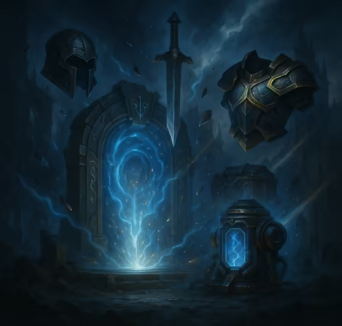 Warhammer-inspirierte Artwork-Szene mit leuchtendem Portal, schwebenden Rüstungen und Waffen in düsterer, epischer Atmosphäre – symbolisiert News und kommende Produkte im Onlineshop.