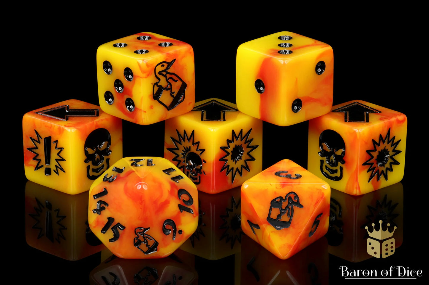 Baron of Dice Orange Fire – Lizardmen – 7-teiliges Würfelset für Bloody Football