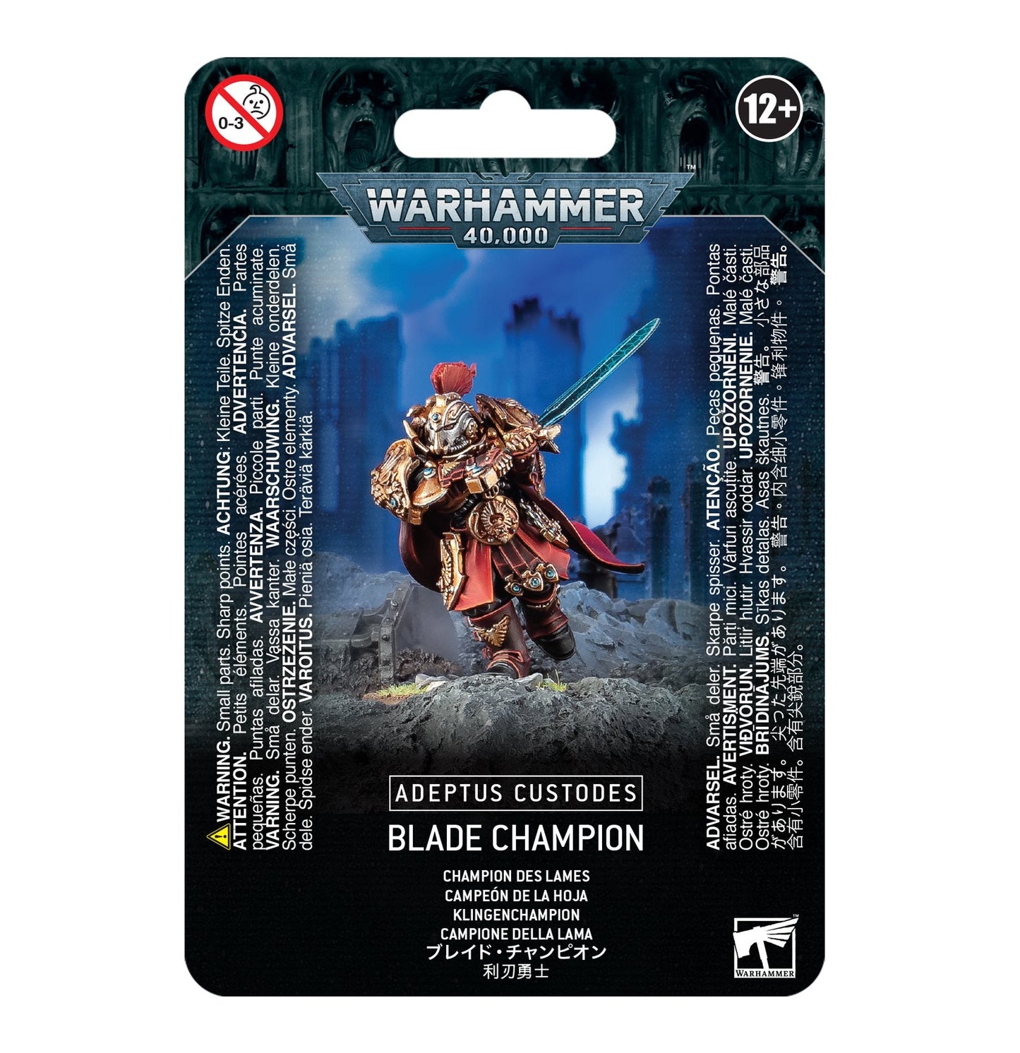 Miniatur eines Adeptus Custodes Klingen-Champions