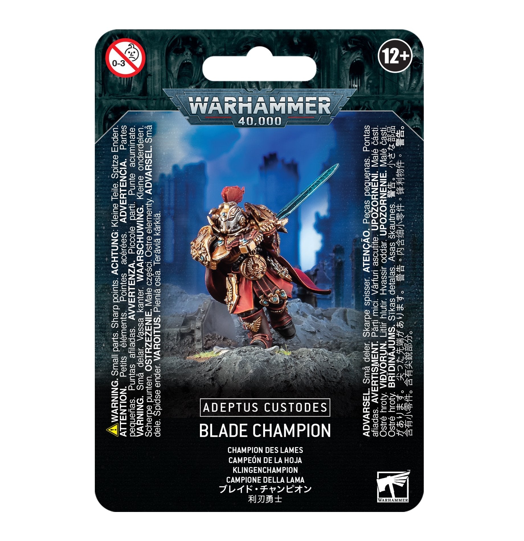 Miniatur eines Adeptus Custodes Klingen-Champions