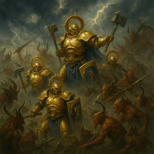 Age of Sigmar Stormcast Eternals in goldener Rüstung kämpfen heroisch gegen dämonische Horden unter stürmischem Himmel.