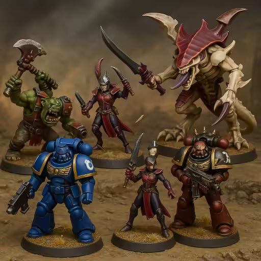 Warhammer 40k Miniaturen: Ultramarines Space Marine, Ork Boy, Tyranid Warrior, Drukhari Krieger und Chaos Space Marine auf einem düsteren Schlachtfeld.