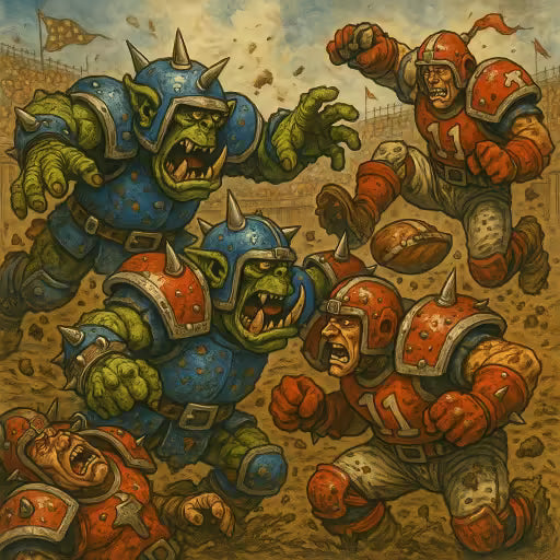 Blood Bowl Match mit Orks und Menschen in stachelbewehrter Rüstung, die in einer schlammigen Arena brutal kollidieren.