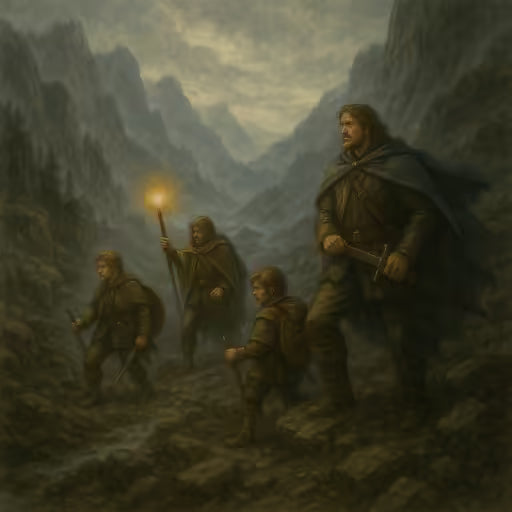 Heldenhafte Abenteurer inspiriert von Der Herr der Ringe wandern durch neblige Berglandschaft in epischer Fantasy-Szene.