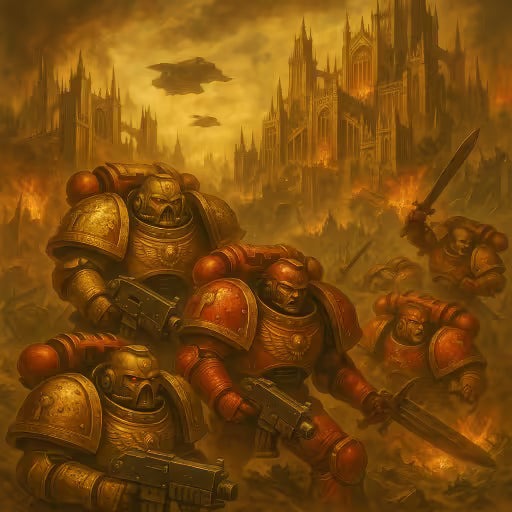 Warhammer 30k Horus Heresy Space Marines kämpfen heroisch vor belagerten gotischen Festungen in gold-rotem Licht.