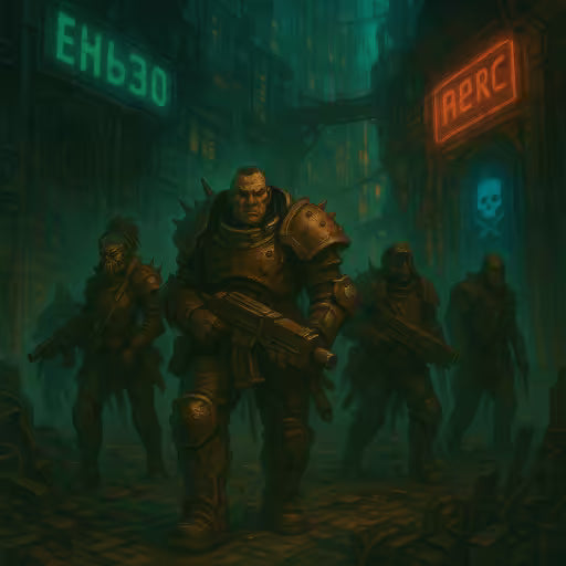 Necromunda Unterwelt mit bewaffneten Gangern in Rüstungen, die durch neonbeleuchtete Ruinen einer dystopischen Cyberpunk-Stadt patrouillieren.