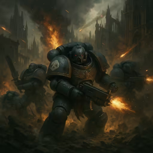 Ultramarine Primaris-Captain mit Energiewaffe und Sturmbolter inmitten zerstörter Ruinen im Warhammer 40k Schlachtfeld.