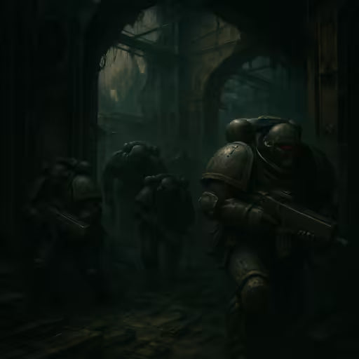 Warhammer Kill Team Spezialeinheit in futuristischer Rüstung bewegt sich taktisch durch zerstörtes Industriegelände.