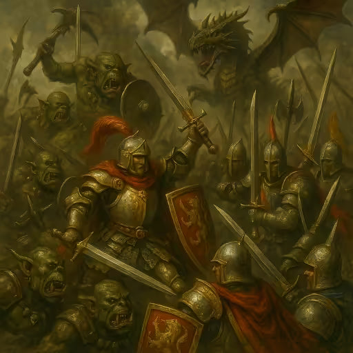 Ritter in verzierter Rüstung aus Warhammer The Old World kämpfen in epischer Schlacht gegen Orks und Drachen.