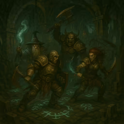 Warhammer Underworlds Kriegerscharen kämpfen in dunklem Dungeon mit leuchtenden Runen und magischer Energie.